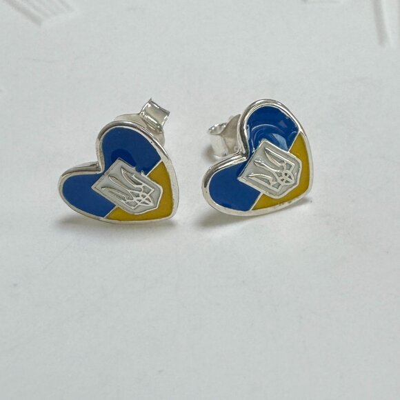Jewelry - Ukraine Flag Heart Earrings S925 Sterling Silver Stud Earrings Handmade